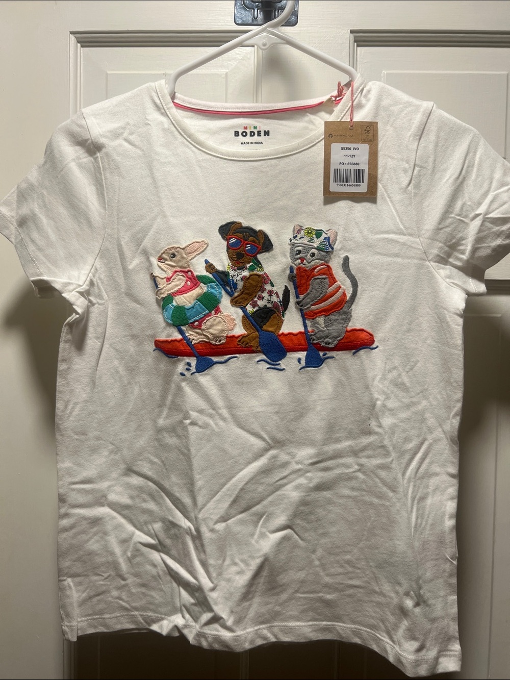 Mini Boden White Tee with Colorful Embroidered Animals